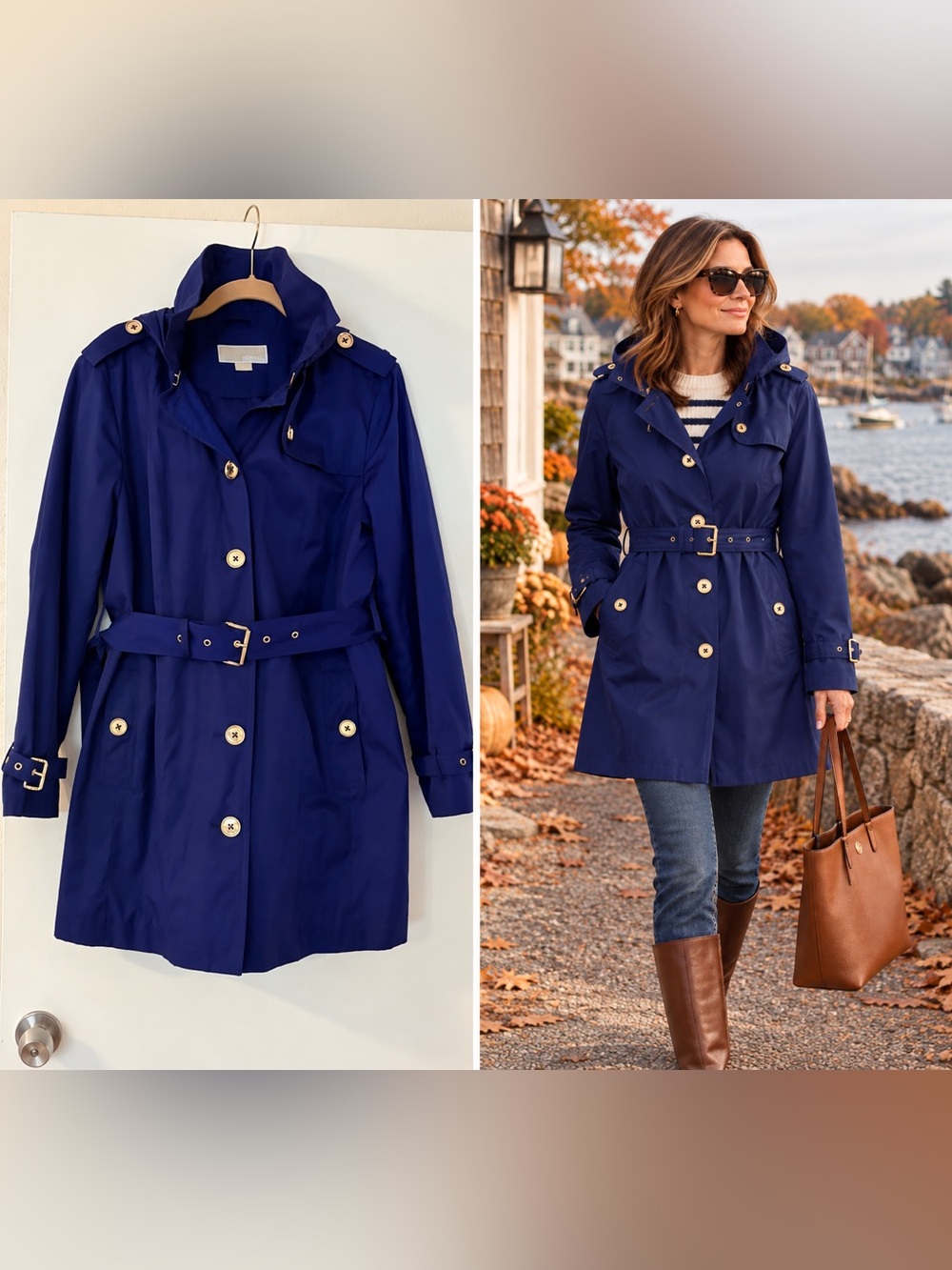 Michael Kors Petite XL Cobalt Blue Belted Trench Coat Hooded Gold Hardware